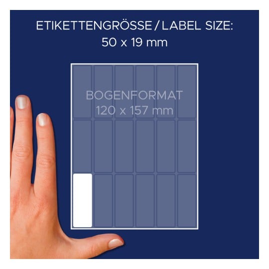 Größenvergleich mit Hand, Artikel: 3327, ein Bogen Vielzweck-Etiketten, Format: 50 x 19 mm, Farbe: Weiß