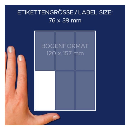 Größenvergleich mit Hand, Artikel: 3329, ein Bogen Vielzweck-Etiketten, Format: 76 x 39 mm, Farbe: Weiß