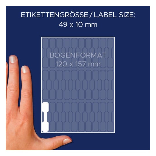 Größenvergleich mit Hand, Artikel: 3335, ein Bogen Preis-Etiketten, Format: 49 x 10 mm, Farbe: Weiß