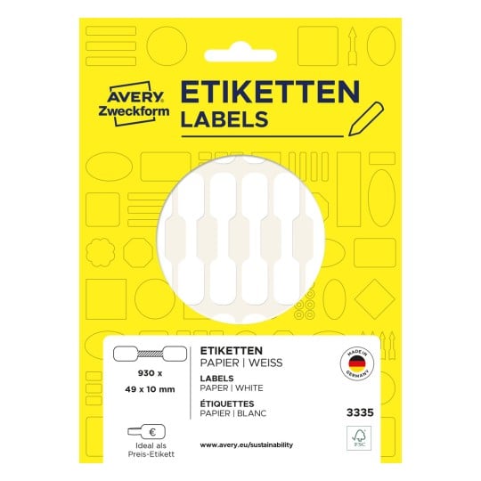 Packungsabbildung: Avery Zweckform Non A4 Preis-Etiketten zur Handbeschriftung, Artikel:  3335, Format: 49 x 10 mm, Inhalt: 930 Etiketten / 31 Bögen, 30 Etiketten/Bogen