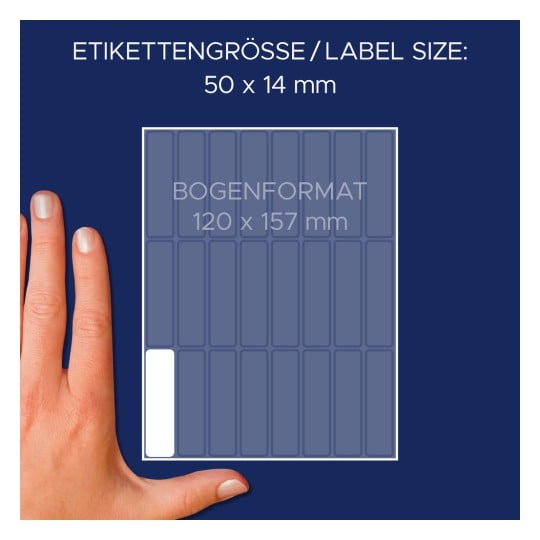 Größenvergleich mit Hand, Artikel: 3336, ein Bogen Vielzweck-Etiketten, Format: 50 x 14 mm, Farbe: Weiß