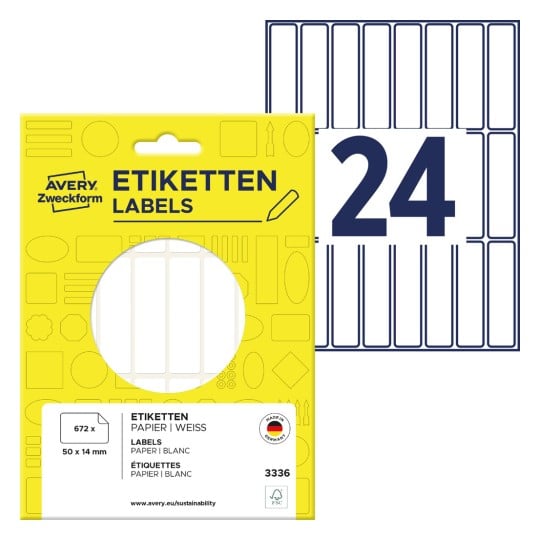 Packungsabbildung mit Etikettenbogen: Avery Zweckform Vielzweck-Etiketten, Artikel: 3336, Format: 50 x 14 mm, Inhalt: 672 Etiketten / 28 Bögen, 24 Etiketten/Bogen