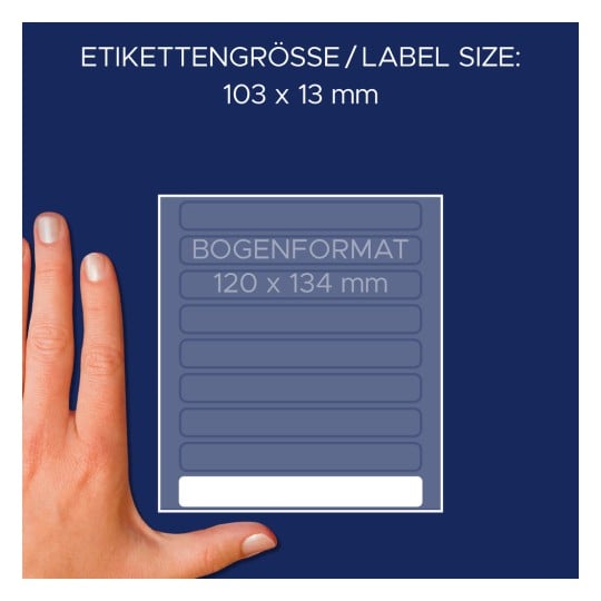 Größenvergleich mit Hand, Artikel: 3338, ein Bogen Vielzweck-Etiketten, Format: 103 x 13 mm, Farbe: Weiß