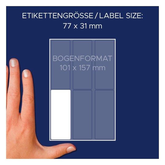 Größenvergleich mit Hand, Artikel: 3362, ein Bogen Vielzweck-Etiketten, Format: 77 x 31 mm, Farbe: Weiß