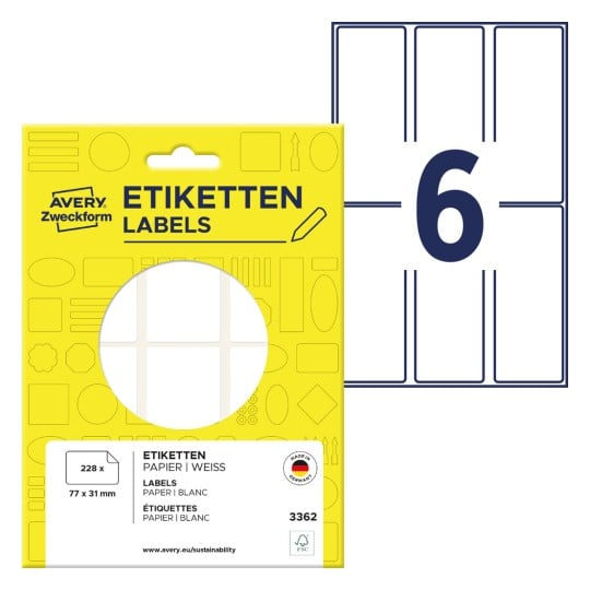 Packungsabbildung mit Etikettenbogen: Avery Zweckform Vielzweck-Etiketten, Artikel: 3362, Format: 77 x 31 mm, Inhalt: 228 Etiketten / 38 Bögen, 6 Etiketten/Bogen