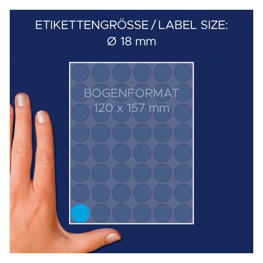 Größenvergleich mit Hand, Artikel: 3375, ein Bogen Markierungspunkte, Format: ⌀ 18 mm, Farbe: Blau
