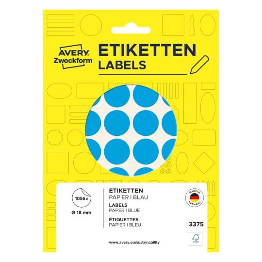 Packungsabbildung: Avery Zweckform Farbige Markierungspunkte, Artikel:  3375, Format: ⌀ 18 mm, Inhalt: 1.056 Markierungspunkte / 22 Bögen, 48 Markierungspunkte/Bogen