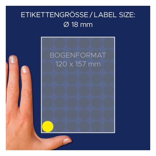Größenvergleich mit Hand, Artikel: 3377, ein Bogen Markierungspunkte, Format: ⌀ 18 mm, Farbe: Gelb