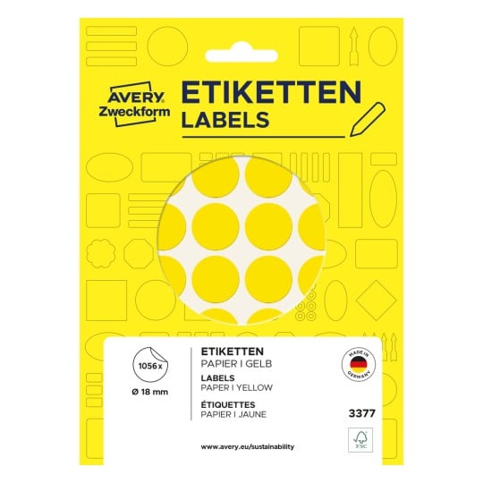 Packungsabbildung: Avery Zweckform Farbige Markierungspunkte, Artikel:  3377, Format: ⌀ 18 mm, Inhalt: 1.056 Markierungspunkte / 22 Bögen, 48 Markierungspunkte/Bogen