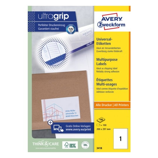 Packungsabbildung: Avery Zweckform Universal-Etiketten, permanent haftend, Artikel:  3418, Format: 200 x 297 mm, Druckereignung: Inkjet,Laser s/w,Farblaser, Inhalt: 100 Etiketten / 100 Bögen, 1 Etiketten/Bogen
