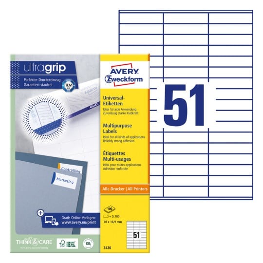 Packungsabbildung mit Etikettenbogen: Avery Zweckform Universal-Etiketten, Artikel: 3420, Format: 70 x 16,9 mm, Druckereignung: Inkjet,Laser s/w,Farblaser, Inhalt: 5.100 Etiketten / 100 Bögen, 51 Etiketten/Bogen