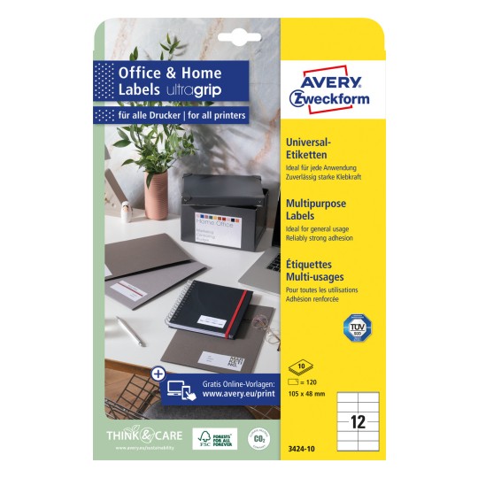 Packungsabbildung: Avery Zweckform Universal-Etiketten, permanent haftend, Artikel:  3424-10, Format: 105 x 48 mm, Druckereignung: Inkjet,Laser s/w,Farblaser, Inhalt: 120 Etiketten / 10 Bögen, 12 Etiketten/Bogen