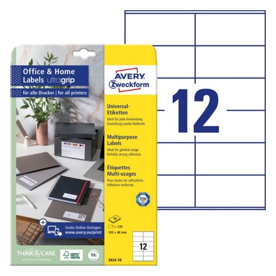 Packungsabbildung mit Etikettenbogen: Avery Zweckform Etiketten, Home Office, Kleinpackung, Artikel: 3424-10, Format: 105 x 48 mm, Druckereignung: Inkjet,Laser s/w,Farblaser, Inhalt: 120 Etiketten / 10 Bögen, 12 Etiketten/Bogen