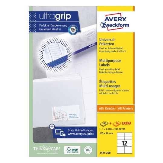 Packungsabbildung: Avery Zweckform Universal-Etiketten, permanent haftend, Artikel:  3424-200, Format: 105 x 48 mm, Druckereignung: Inkjet,Laser s/w,Farblaser, Inhalt: 2.640 Etiketten / 220 Bögen, 12 Etiketten/Bogen