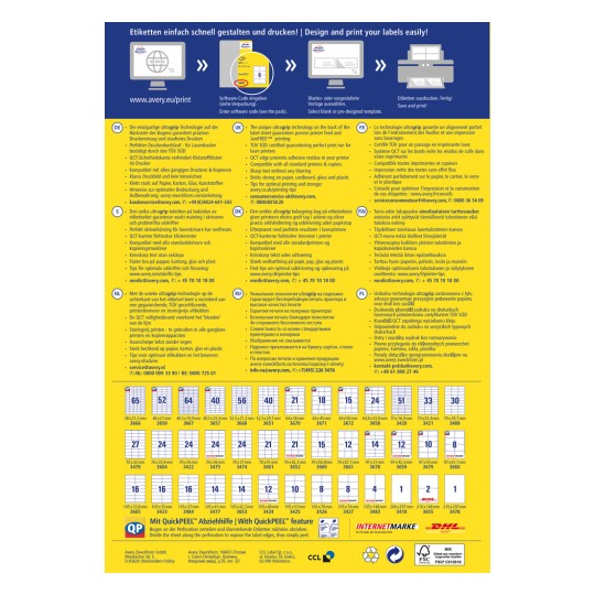 Ein Informationsflyer über Etikettendrucktechnologie und Optionen von Avery, einschließlich mehrsprachiger Anleitungen und Details zu den Produkteigenschaften, Größen und Nutzungstipps.