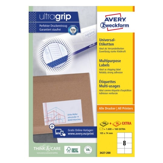 Packungsabbildung: Avery Zweckform Universal-Etiketten, permanent haftend, Artikel:  3427-200, Format: 105 x 74 mm, Druckereignung: Inkjet,Laser s/w,Farblaser, Inhalt: 1.760 Etiketten / 220 Bögen, 8 Etiketten/Bogen