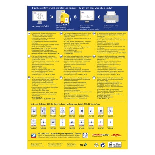 Ein Informationsblatt über Averys Etikettendrucktechnologie, Funktionen und Produktspezifikationen in mehreren Sprachen. Es enthält eine Liste universeller Etikettengrößen und Details zur Verwendung der QuickPEEL-Funktion.
