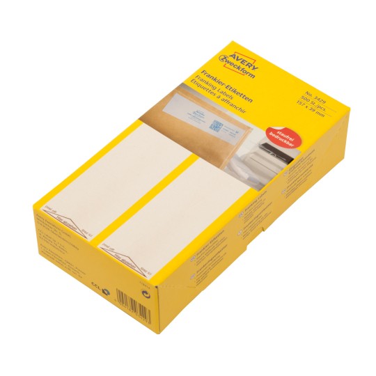 Packungsabbildung: Avery Zweckform Frankier-Etiketten, Artikel: 3429, Format: 157 x 39 mm, Druckereignung: Frankiermaschinen, Inhalt: 500 Etiketten, 500 Etiketten/Bogen