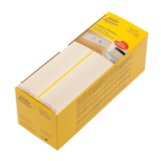 Packungsabbildung: Avery Zweckform Frankier-Etiketten, Artikel: 3430, Format: 194 x 39 mm, Druckereignung: Frankiermaschinen, Inhalt: 1.000 Etiketten, 1.000 Etiketten/Bogen