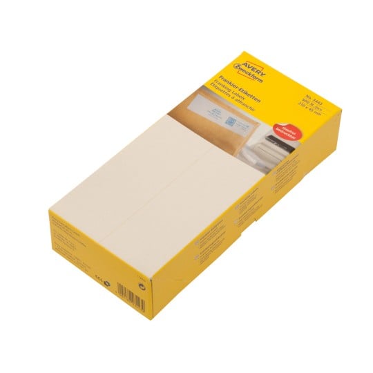 Packungsabbildung: Avery Zweckform Frankier-Etiketten, Artikel: 3443, Format: 210 x 45 mm, Druckereignung: Frankiermaschinen, Inhalt: 500 Etiketten, 500 Etiketten/Bogen