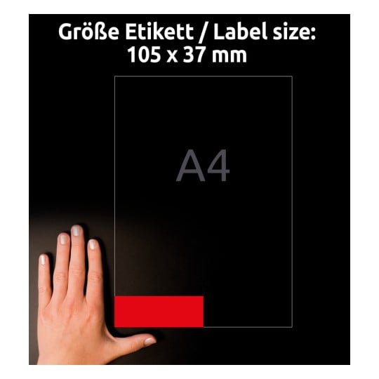 Größenvergleich mit Hand, Artikel: 3452, ein Bogen Farbige Etiketten, Format: 105 x 37 mm, Farbe: Rot