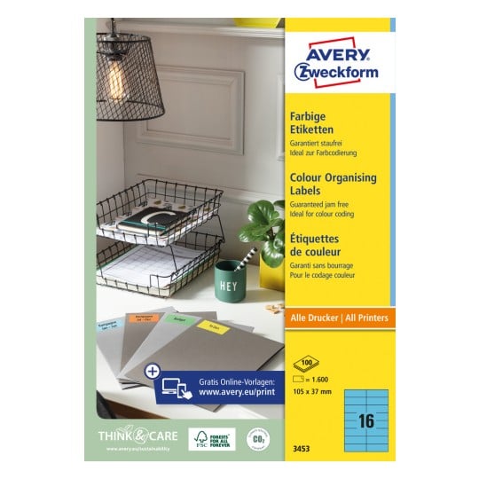 Packungsabbildung: Avery Zweckform Farbige Etiketten, permanent haftend, Artikel:  3453, Format: 105 x 37 mm, Druckereignung: Inkjet,Laser s/w,Farblaser, Inhalt: 1.600 Etiketten / 100 Bögen, 16 Etiketten/Bogen