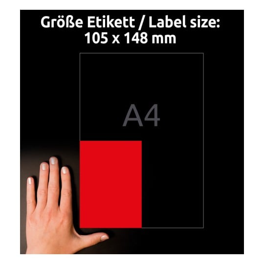 Größenvergleich mit Hand, Artikel: 3456, ein Bogen Farbige Etiketten, Format: 105 x 148 mm, Farbe: Rot