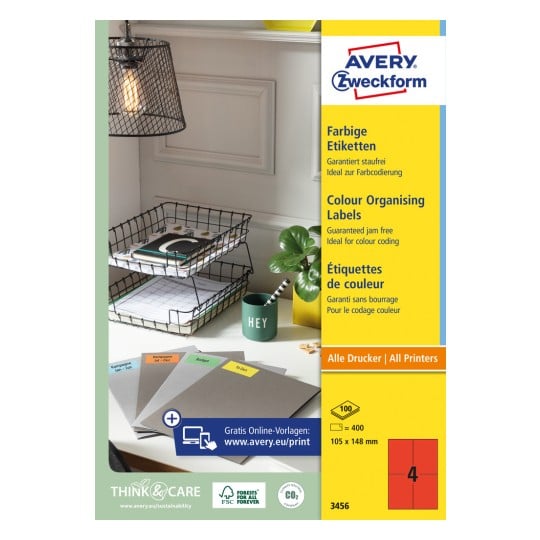 Packungsabbildung: Avery Zweckform Farbige Etiketten, permanent haftend, Artikel:  3456, Format: 105 x 148 mm, Druckereignung: Inkjet,Laser s/w,Farblaser, Inhalt: 400 Etiketten / 100 Bögen, 4 Etiketten/Bogen