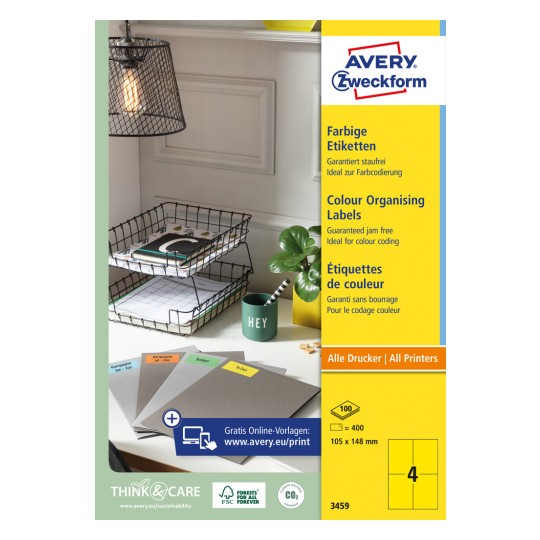 Packungsabbildung: Avery Zweckform Farbige Etiketten, permanent haftend, Artikel:  3459, Format: 105 x 148 mm, Druckereignung: Inkjet,Laser s/w,Farblaser, Inhalt: 400 Etiketten / 100 Bögen, 4 Etiketten/Bogen