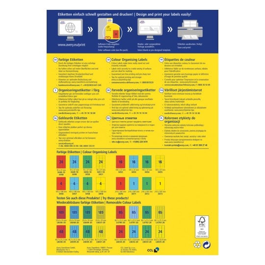 Das Bild ist ein Informationsleitfaden für das Entwerfen und Drucken von Farbetiketten. Es enthält Tipps in verschiedenen Sprachen zur Auswahl und Verwendung von Etiketten sowie Produktcodes, Abmessungen und Merkmale verschiedener von Avery bereitgestellter Etikettentypen.