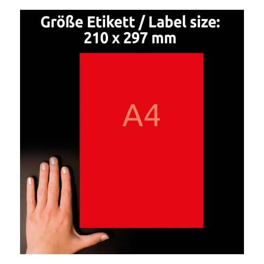 Größenvergleich mit Hand, Artikel: 3470, ein Bogen Farbige Etiketten, Format: 210 x 297 mm, Farbe: Rot