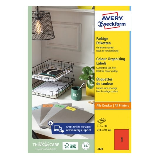 Packungsabbildung: Avery Zweckform Farbige Etiketten, permanent haftend, Artikel:  3470, Format: 210 x 297 mm, Druckereignung: Inkjet,Laser s/w,Farblaser, Inhalt: 100 Etiketten / 100 Bögen, 1 Etiketten/Bogen