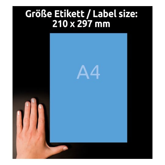 Größenvergleich mit Hand, Artikel: 3471, ein Bogen Farbige Etiketten, Format: 210 x 297 mm, Farbe: Blau