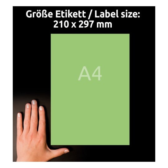 Das Bild zeigt eine Hand, die ein grünes Blatt Papier mit der Bezeichnung 'A4' und den Abmessungen von 210 x 297 mm hält, vor einem schwarzen Hintergrund.