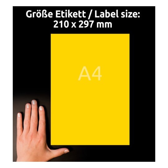 Größenvergleich mit Hand, Artikel: 3473, ein Bogen Farbige Etiketten, Format: 210 x 297 mm, Farbe: Gelb