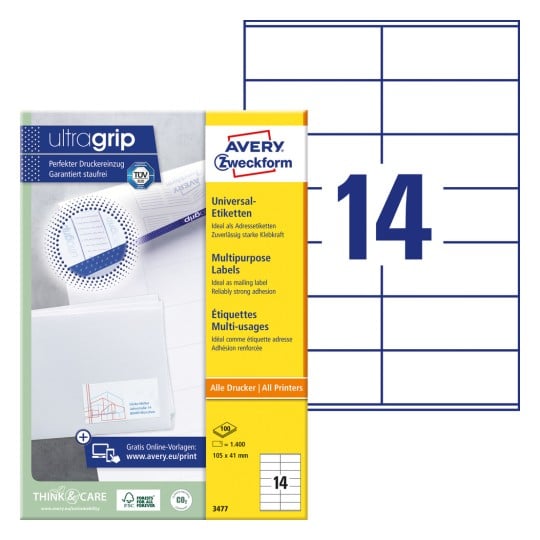 Packungsabbildung mit Etikettenbogen: Avery Zweckform Universal-Etiketten, Artikel: 3477, Format: 105 x 41 mm, Druckereignung: Inkjet,Laser s/w,Farblaser, Inhalt: 1.400 Etiketten / 100 Bögen, 14 Etiketten/Bogen