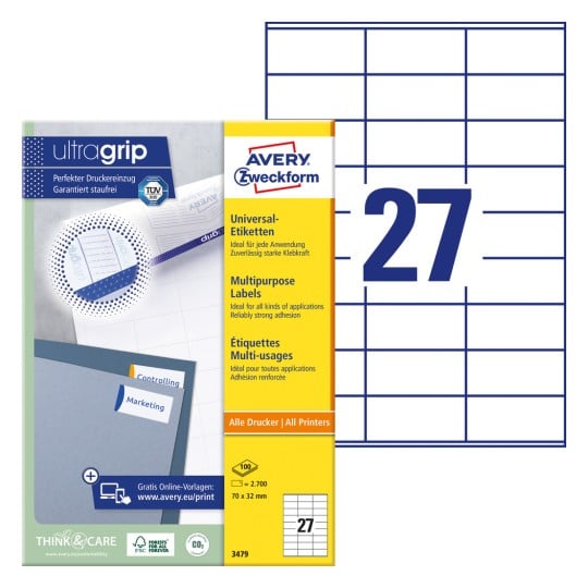 Packungsabbildung mit Etikettenbogen: Avery Zweckform Universal-Etiketten, Artikel: 3479, Format: 70 x 32 mm, Druckereignung: Inkjet,Laser s/w,Farblaser, Inhalt: 2.700 Etiketten / 100 Bögen, 27 Etiketten/Bogen