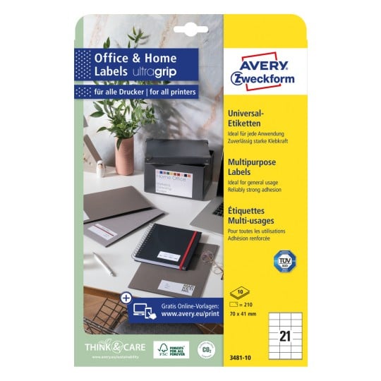 Packungsabbildung: Avery Zweckform Universal-Etiketten, permanent haftend, Artikel:  3481-10, Format: 70 x 41 mm, Druckereignung: Inkjet,Laser s/w,Farblaser, Inhalt: 210 Etiketten / 10 Bögen, 21 Etiketten/Bogen