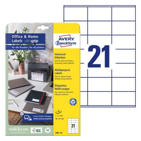 Packungsabbildung mit Etikettenbogen: Avery Zweckform Etiketten, Home Office, Kleinpackung, Artikel: 3481-10, Format: 70 x 41 mm, Druckereignung: Inkjet,Laser s/w,Farblaser, Inhalt: 210 Etiketten / 10 Bögen, 21 Etiketten/Bogen