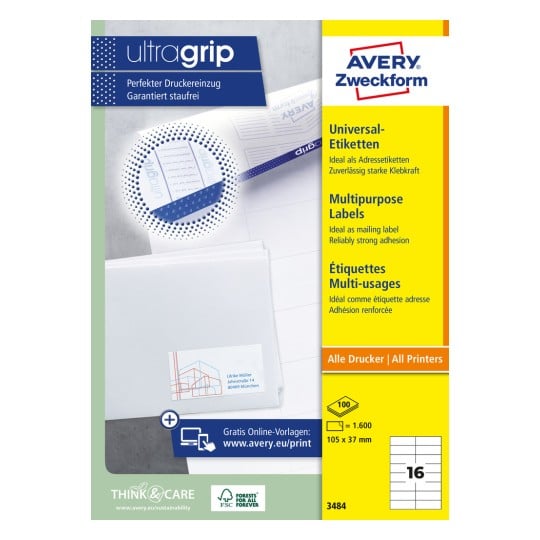 Packungsabbildung: Avery Zweckform Universal-Etiketten, permanent haftend, Artikel:  3484, Format: 105 x 37 mm, Druckereignung: Inkjet,Laser s/w,Farblaser, Inhalt: 1.600 Etiketten / 100 Bögen, 16 Etiketten/Bogen