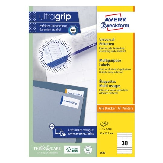 Packungsabbildung: Avery Zweckform Universal-Etiketten, permanent haftend, Artikel:  3489, Format: 70 x 29,7 mm, Druckereignung: Inkjet,Laser s/w,Farblaser, Inhalt: 3.000 Etiketten / 100 Bögen, 30 Etiketten/Bogen