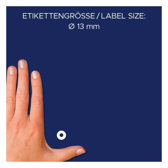 Größenvergleich mit Hand, Artikel: 3510, ein Bogen Lochverstärkungsringe, Format: ⌀ 13 mm, Farbe: Transparent