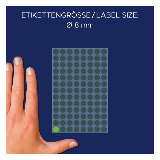 Größenvergleich mit Hand, Artikel: 3592, ein Bogen Markierungspunkte, Format: ⌀ 8 mm, Farbe: Grün