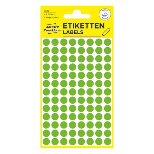 Packungsabbildung: Avery Zweckform Farbige Markierungspunkte, Artikel:  3592, Format: ⌀ 8 mm, Inhalt: 416 Markierungspunkte / 4 Bögen, 104 Markierungspunkte/Bogen