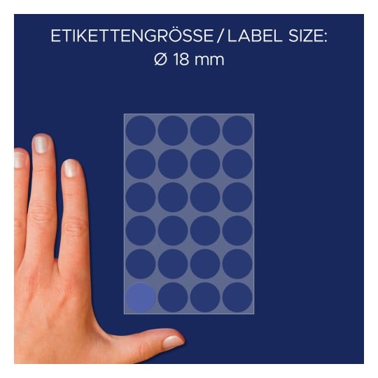 Größenvergleich mit Hand, Artikel: 3596, ein Bogen Markierungspunkte, Format: ⌀ 18 mm, Farbe: Blau