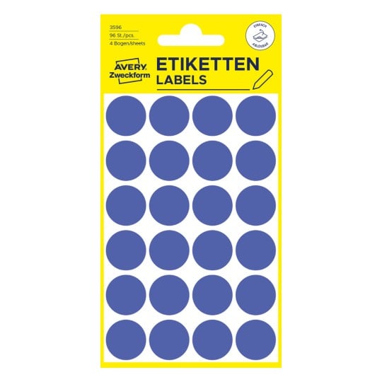 Packungsabbildung: Avery Zweckform Farbige Markierungspunkte, Artikel:  3596, Format: ⌀ 18 mm, Inhalt: 96 Markierungspunkte / 4 Bögen, 24 Markierungspunkte/Bogen