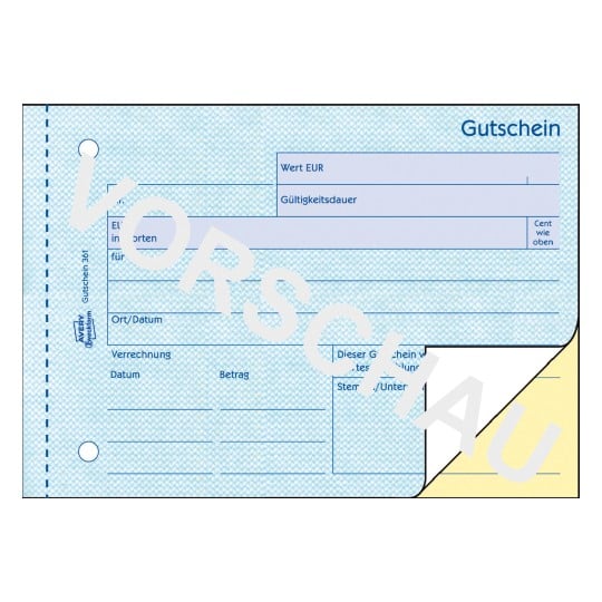 Formularabbildung: Avery Zweckform, Artikel: 361, Gutschein, 148 x 105 mm, A6 quer, 2 x 50 Blatt/Buch