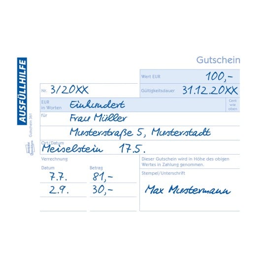 Das Bild zeigt einen Gutschein über einen Betrag von 100 Euro, ausgestellt für Frau Müller, gültig bis zum 31. Dezember 20XX, und enthält Angaben wie Adresse und Termine zur Berechnung.