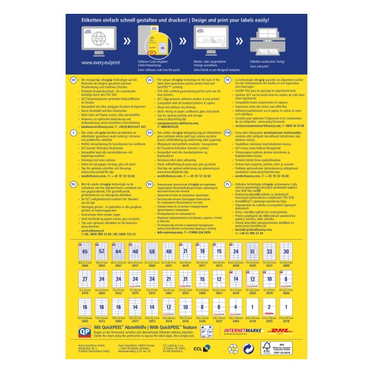 Ein informativer Poster über das Drucken und Gestalten von Etiketten, der verschiedene Sprachen und detaillierte Anleitungen über die Ultragloss-Technologie und deren Anwendungen für die Etikettierung enthält.