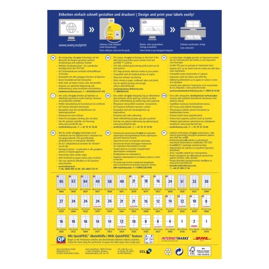 Das Bild ist ein Entwurfs- und Druckleitfaden für Etiketten mit Texten in mehreren Sprachen über Etikettentechnologie, Drucktipps und Spezifikationen. Es enthält Abmessungen für verschiedene Etikettenformate und Informationen zur Kompatibilität mit Druckern.